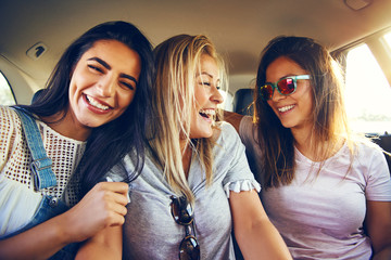 Laughing affectionate female friends - obrazy, fototapety, plakaty