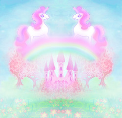 Card with a cute unicorns rainbow and fairy-tale princess castle © diavolessa