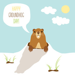 Obraz na płótnie Canvas Cute Groundhog Day card as funny cartoon character of marmot with speech bubble and hand written text