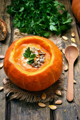 Vegetarian soup in pumpkin