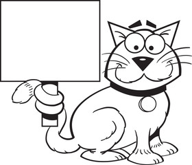 Black and white illustration of a cat holding a sign.