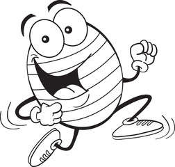Black and white illustration of a running Easter egg.