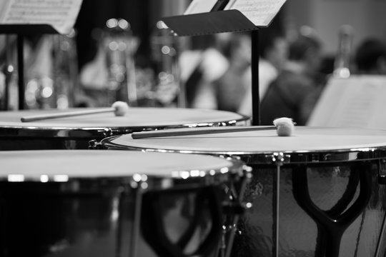  Drumsticks lying on timpani in black and white