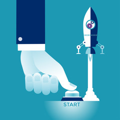 Start Up. Businessman pushing the start button. Concept business vector illustration - obrazy, fototapety, plakaty