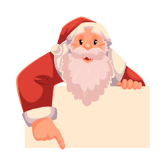 Santa Claus pointing to something, cartoon style vector illustration isolated on white background. Half length portrait of Santa looking from behind the wall and showing something, Christmas template