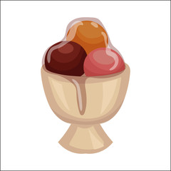 Three ice cream scoops in porcelain bowl, cartoon vector illustration isolated on white background. Vanilla, strawberry and chocolate ice cream under glaze, yummy refreshing dessert