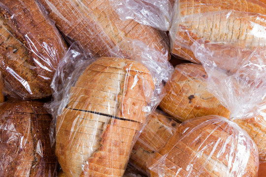 Bags of fresh sliced bread for a food drive