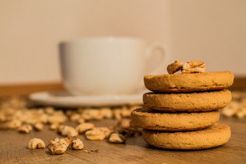 Cookies and puffed grains on the wood