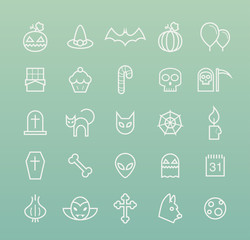 Set of Quality Isolated Universal Standard Minimal Simple Halloween White Thin Line Icons on Color Background.