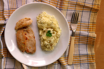 Plate with chicken breasts and mashed potatoes. Top view. 