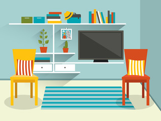 Living room with television and book shelves. Flat design vector illustration.