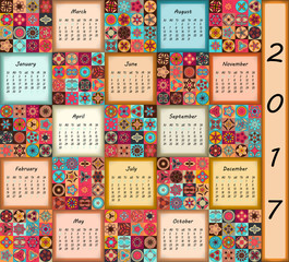 Calendar 2017. Vintage decorative colorful elements. Ornamental floral oriental pattern, vector illustration.