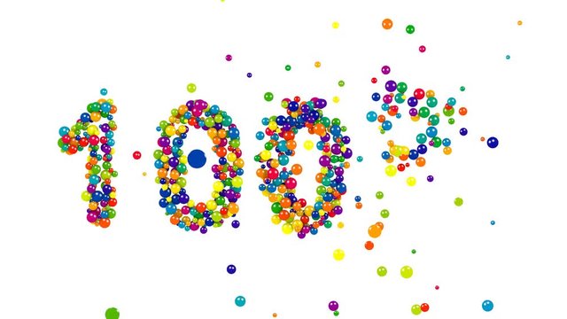 Vibrant festive 100 percent sign formed of multicolored balls in the colors of the spectrum over a white background for use as a design template for advertising