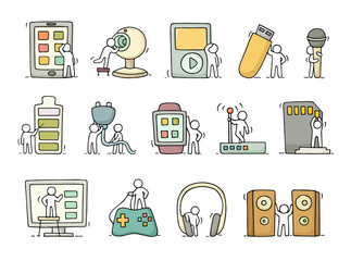 Electronic icons set of sketch working little people © sapunkele