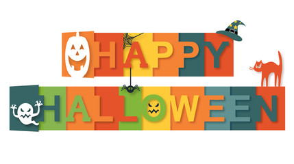 Happy Halloween Text with web, spider, ghost, cat, pumpkin, witch hat