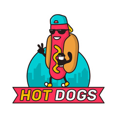 Cool guy hot dog in city with coffee paper cup character line colorful vector illustration. logo template design, badge for fast food, street food, hot-dogs restaurant. Isolated on white background