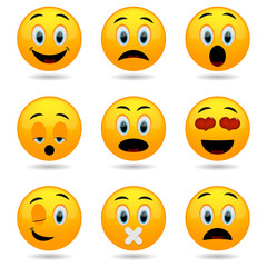 Set of Emoticons. Smile icons. Emotional funny faces in glossy 3D. 
