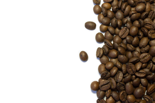 coffee beans on a white background with space for text.