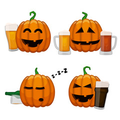 Set of drunk pumpkins. Happy Halloween pumpkins with glasses of beer. All saints eve beer party poster.