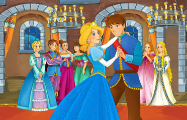 Fototapety  Prince and princess in the castle chamber - talking or dancing - prince is princess to dance - illustration for children