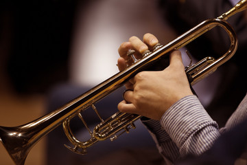 Fototapeta na wymiar Hands of man playing the trumpet in dark colors