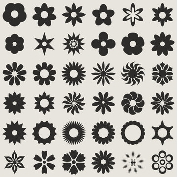 Black and white abstract flower bud shapes vector set.
