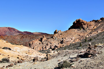The uninhabited part of the giant mountain valley with rocks and dry plants