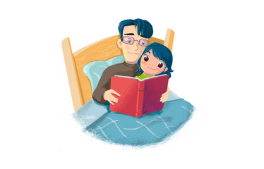 Niña y padre leyendo en la cama