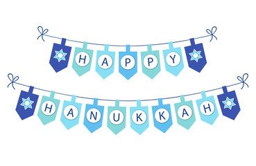 Cute festive bunting Happy Hanukkah with David Stars in traditional colors for your decoration