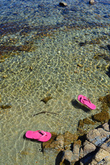 pink flips flops floating in the sea water