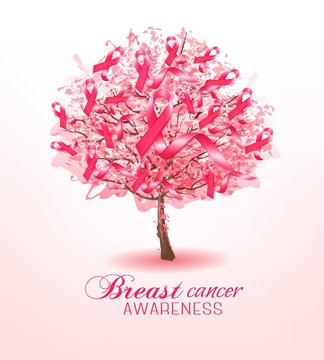 Breast cancer awareness ribbons on a sakura tree. Vector.