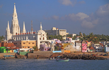 Fishing harbor with large church in background, KanyaKumari