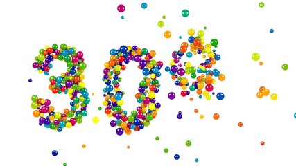 Vibrant colorful 30 percent sign for advertising or marketing, business or education formed of rainbow colored balls on a white background with copy space