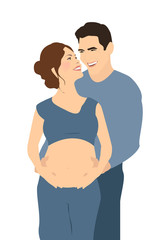 Couple waiting for baby. Pregnancy. Man hugs a pregnant woman. A happy family. Vector illustration