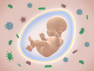 baby with immune protection system symbol and bacteria outside symbol.3D rendering.