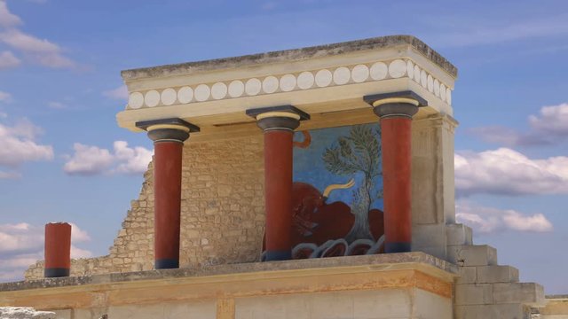Timelapse. Knossos palace. Detail of ancient ruins of famous Minoan palace of Knosos. Crete island, Greece.