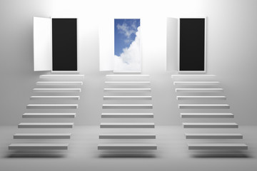 3D Rendering : illustration of three stair or steps up to the blue sky door against white wall and floor,,choose best choice,choose the correct way,business success concept