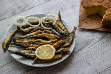 Turkish Hamsi Tava with cornbread / Fried Anchovies