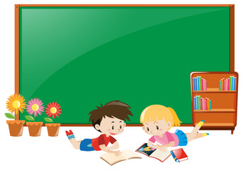 Frame design with boy and girl reading books