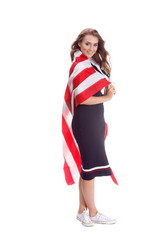 Happy young woman holding USA flag. Image isolated