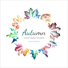 Watercolor autumn leaves design template with copy space. Natural watercolor leaf prints. Colorful watercolor autumn frame.