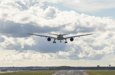 Fototapeta na wymiar Airplane landing to runway