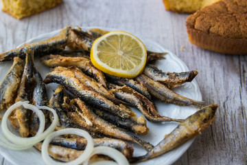 Turkish Hamsi Tava with cornbread / Fried Anchovies