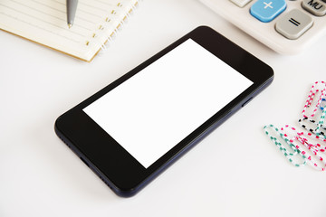 Fototapeta premium Smart phone mobile white screen on white background