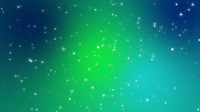 Sparkly white light particles moving across a green blue gradient background imitating night sky full of stars.