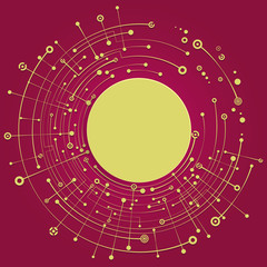 Obraz premium Colorful background. Round banner. Empty space for text. Crossing the gold dots, circles, lines, symbols. The chaotic motion. Theme of medicine, science, technology, global communications. 