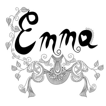 The inscription of the female named Emma with a beautiful floral pattern in doodle style. Style printing on T-shirts, banners, posters, cover. Coloring page book for adults and children. Tattoos.