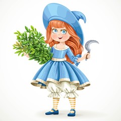 Cute little girl in witch costume holding an armful of herbs and