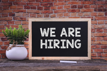 WE ARE HIRING word on blackboard with green plant
