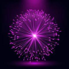 Abstract geometric shape. Neon glowing particles in the form of an explosion of fireworks. Futuristic background. Digital technology.